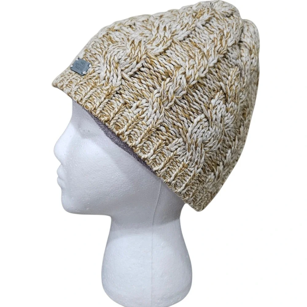 The North Face Minna Cable Knit Beanie Hat Fleece‎ Lined Brown Beige One Size